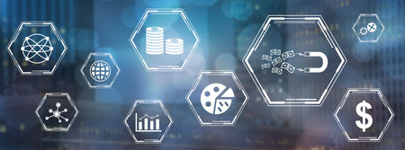 Concept of investors attraction with icons on blurred dark backgroundの写真素材