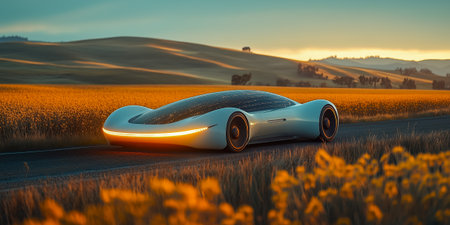 A sleek electric car driving along a picturesque road surrounded by vibrant fields at sunsetの素材