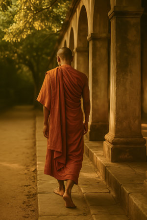 A monk dressed in orange robe walks barefoot along a serene temple pathwayの素材