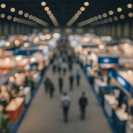 A blurred scene of people walking in a bustling exhibition hall filled with boothsの素材