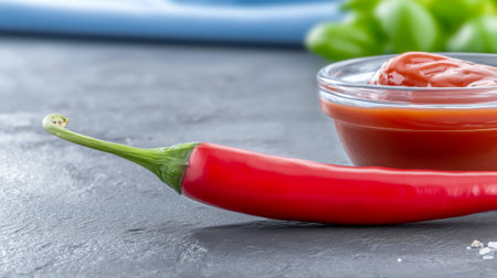 A vibrant red chili pepper next to a bowl of ketchup on a dark surfaceの素材