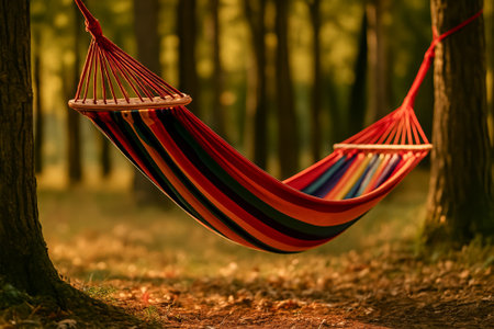 A vibrant hammock suspended between trees, creating a peaceful and relaxing forest settingの素材