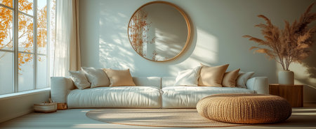 A cozy living room featuring a plush sofa, round pouf, and large windowsの素材