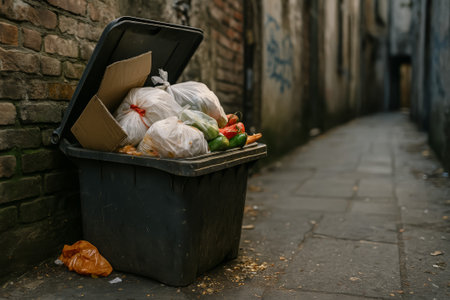 An overflowing trash bin filled with garbage and vegetables in a narrow alleywayの素材