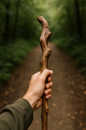 A hand gripping a single wooden stick while standing on a forest pathの素材