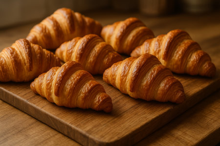 A collection of freshly baked golden croissants arranged beautifully on a wooden boardの素材
