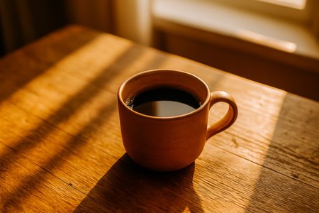A warm cup of coffee remains on a wooden table illuminated by soft sunlightの素材