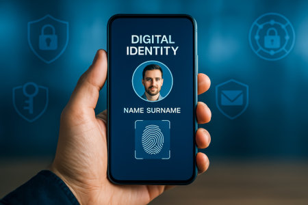 A smartphone shows a digital identity with a fingerprint and security icons in backgroundの素材