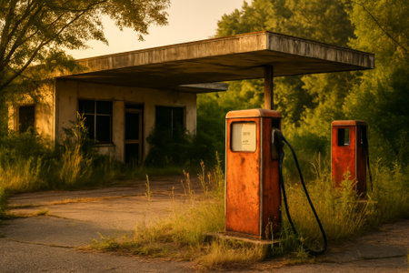 An old gas station surrounded by overgrown vegetation, illuminated by soft sunset lightの素材
