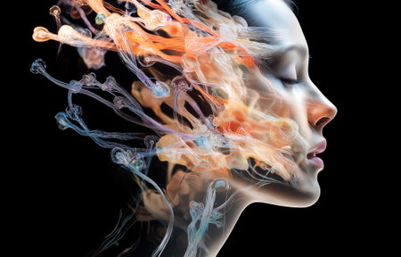 An abstract profile portrait featuring flowing colorful elements and light effects against a dark backgroundの素材