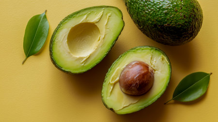 Freshly cut avocados with green leaves displayed on a colorful yellow backgroundの素材