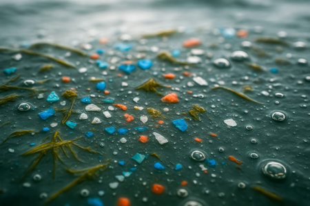 Close-up of microplastics and algae on a water surface, showing environmental pollutionの素材