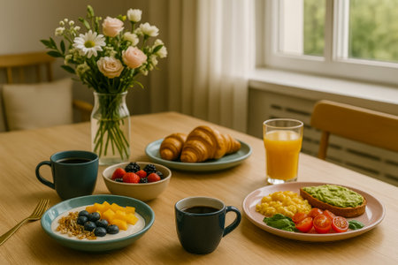 A delightful breakfast spread featuring fruits, coffee, pastries, and fresh ingredients on a tableの素材