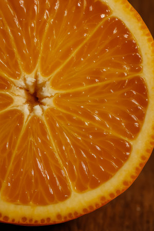 A close-up view of a fresh orange slice showing its juicy segments and vibrant colorの素材