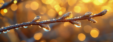A close-up of a branch covered in dew drops against a soft bokeh backdropの素材