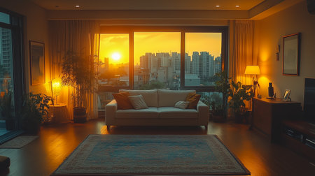 A cozy living room featuring a sunset view, soft lighting, and indoor plants creating ambianceの素材