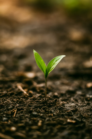 A small green sprout growing in dark, fertile soil, symbolizing growth and renewalの素材