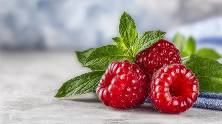A vibrant arrangement of fresh raspberries complemented by mint leaves on a light surfaceの素材