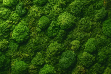 A vibrant green background showing various textures of moss and foliage in natureの素材