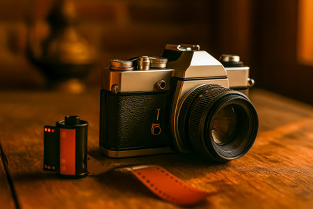 A vintage camera positioned beside a film reel on a wooden table, evoking nostalgiaの素材