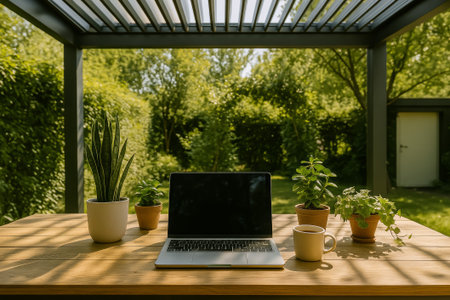 A laptop with potted plants and a coffee cup in a peaceful outdoor settingの素材