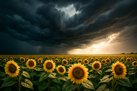 A vibrant sunflower field contrasts with dark clouds and hints of sunlight breaking throughの素材