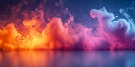 A vibrant display of swirling smoke in shades of orange, pink, and blue, creating abstract patternsの素材