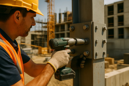 A construction worker operates a power drill on a steel beam at a construction siteの素材