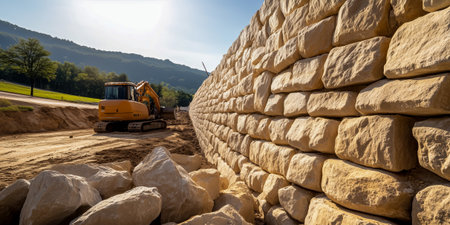 An excavator is seen working on a stone wall surrounded by a natural landscapeの素材