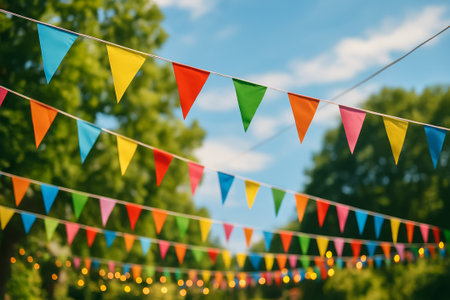 Brightly colored flags are hung outdoors, creating a festive atmosphere in a sunny parkの素材