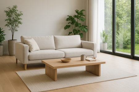 A stylish living room featuring a beige sofa and a wooden coffee table in bright decorの素材
