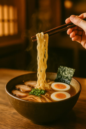 A steaming bowl of ramen with noodles, greens, and a soft-boiled egg for a tasty mealの素材