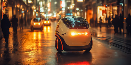 Autonomous vehicles moving through a vibrant, illuminated urban environment during the nightの素材