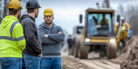 A group of construction workers collaborating while standing near heavy machinery at a job siteの素材