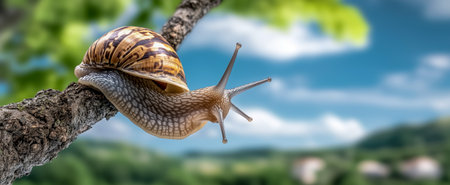 A detailed close-up of a snail crawling on a branch in a natural settingの素材