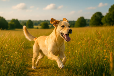 A playful labrador retriever enjoys a sunny run in a vibrant green fieldの素材