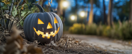 A carved pumpkin with a glowing smile sits in an autumn forest setting at nightの素材