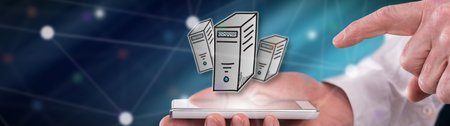 Desktop computer concept above a smartphone held by a man