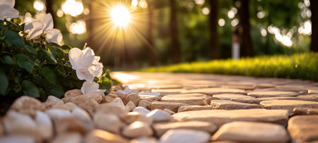 A serene garden path lined with stones, adorned with flowers and warm sunlight illuminating the sceneの素材