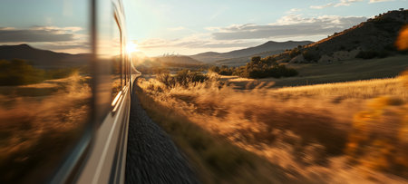 A beautiful sunset captured from a train window with golden fields and distant mountainsの素材