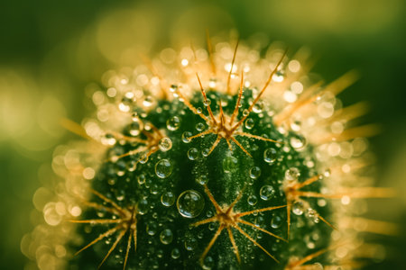 A close-up view of a cactus adorned with water droplets in a soft green backgroundの素材