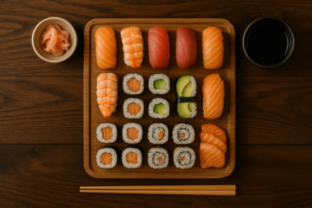 A beautifully arranged sushi platter showing various nigiri and maki rolls with ginger and soy sauceの素材