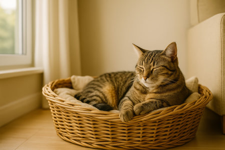 A tabby cat sleeping comfortably in a woven basket in a serene roomの素材