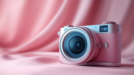 A stylish pink camera rests on a soft silk fabric, creating an elegant visual displayの素材