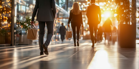 A group of professionals walking in a bright urban area carrying shopping bags at sunsetの素材
