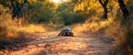 A tortoise slowly navigating a sunlit dirt path surrounded by lush greeneryの素材