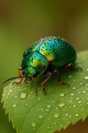 A macro shot of a colorful green beetle resting on a leaf adorned with water dropletsの素材