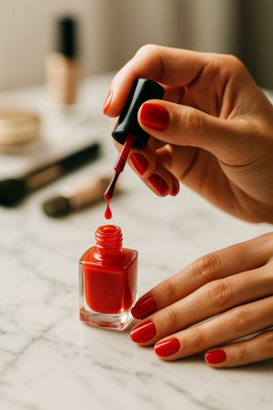 A hand applying bright red nail polish to beautifully manicured nails on a marble tableの素材