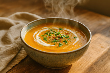 A delicious creamy vegetable soup topped with herbs and served in a rustic bowlの素材