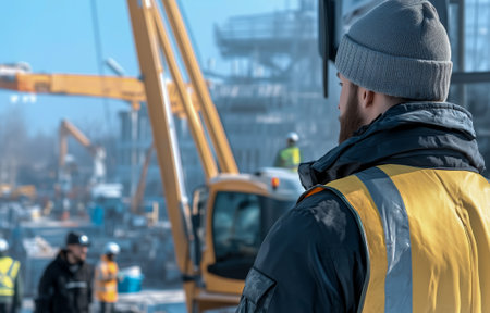 A construction worker in safety gear observing machinery and colleagues on a construction siteの素材